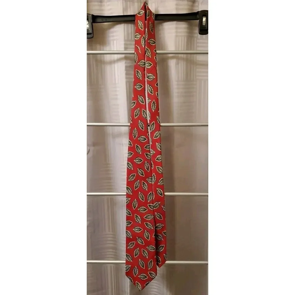 Lands' End Direct Merchants Luxury Tie Red Leafy‎ Printed Silk Necktie